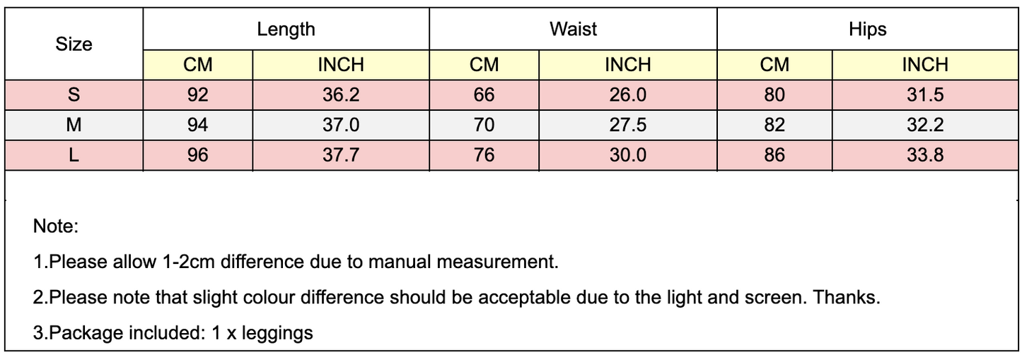 Size chart for high waist fitness leggings showing measurements for length, waist, and hips in cm and inches.
