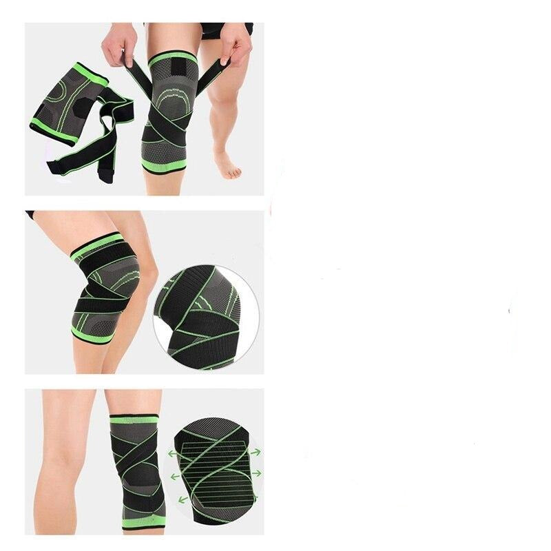 Adjustable Knee Compression Sleeves showcasing 360° support and elastic design for comfort and injury prevention.