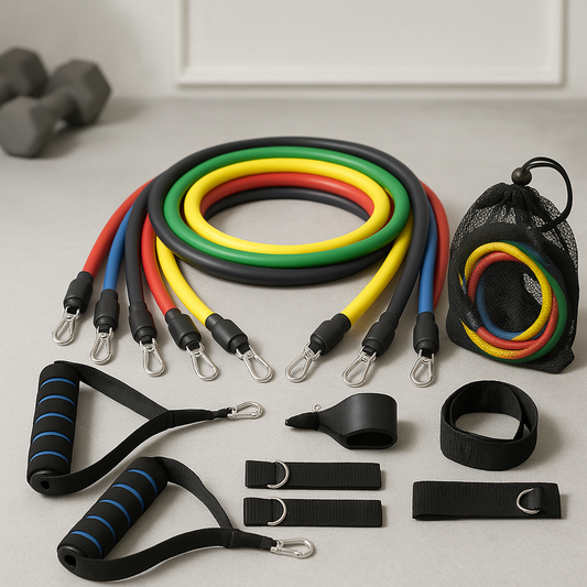 11-Piece Resistance Band Workout Set featuring colorful resistance bands and accessories for home workouts.