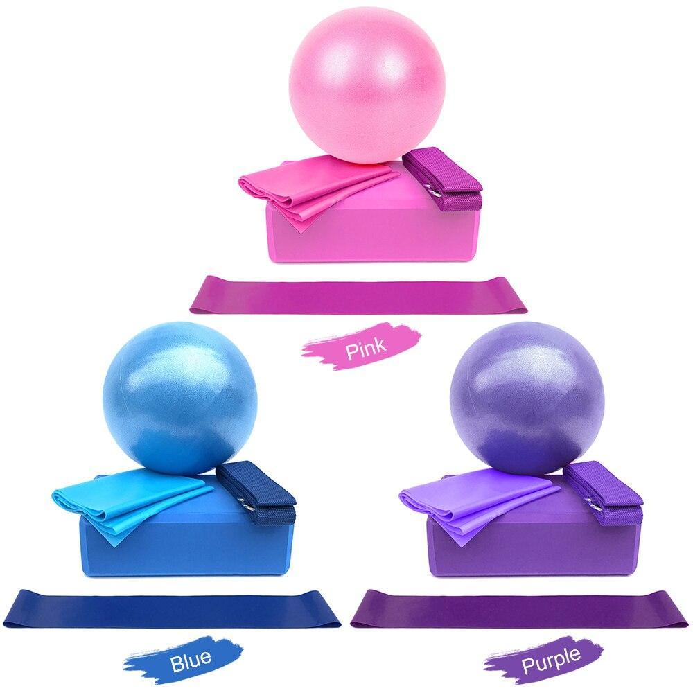 5-Piece Yoga Ball & Block Set in pink, blue, and purple, featuring yoga balls and blocks for fitness.