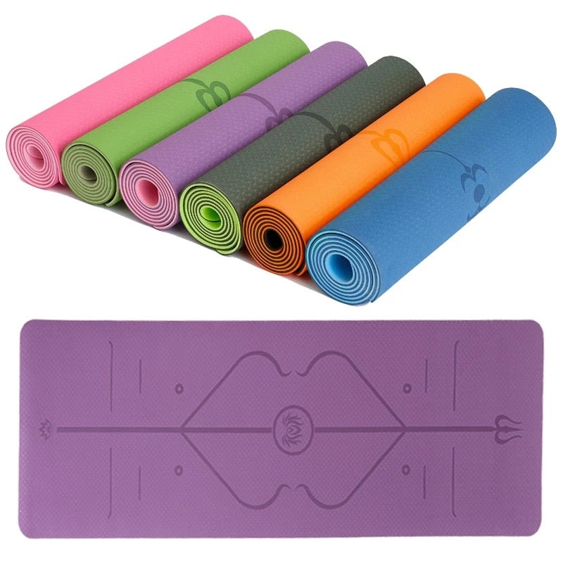 Non-Slip Yoga Mat with Alignment Lines in various colors displayed together.
