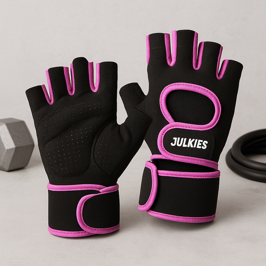 Anti-Slip Half Finger Gym Gloves featuring a sleek design with pink accents, perfect for enhancing grip during workouts.