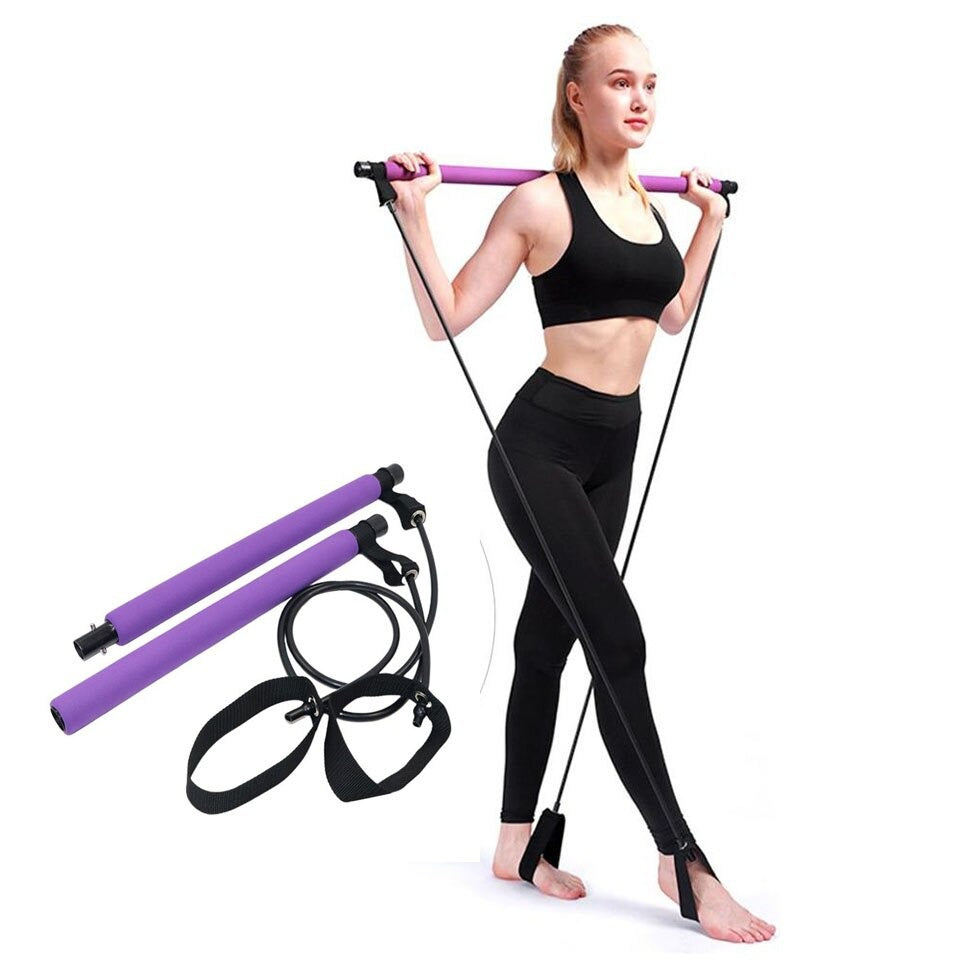 Woman using Pilates Squat Resistance Bar with Bands for a full-body workout at home.