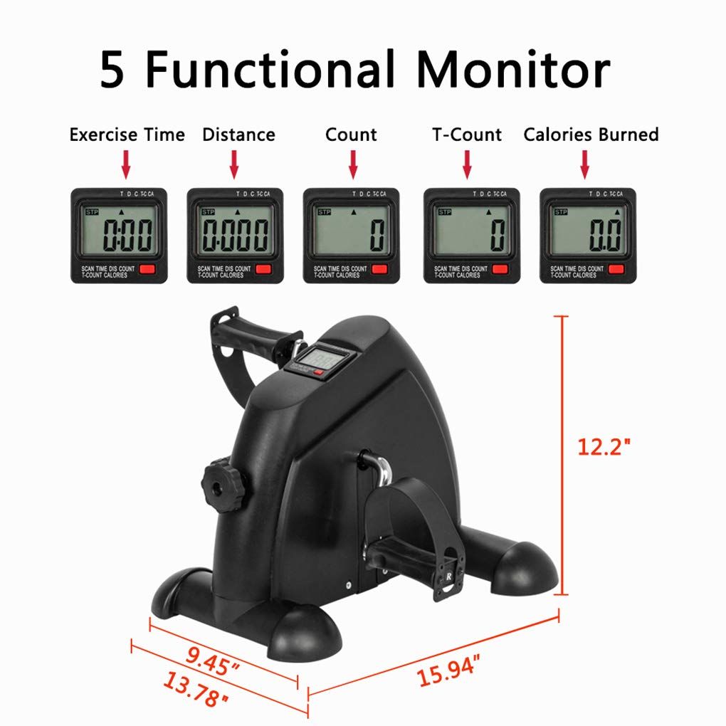 Mini LCD Indoor Cycle Pedal Exerciser with 5 functional monitors displaying time, distance, count, T-count, and calories burned.