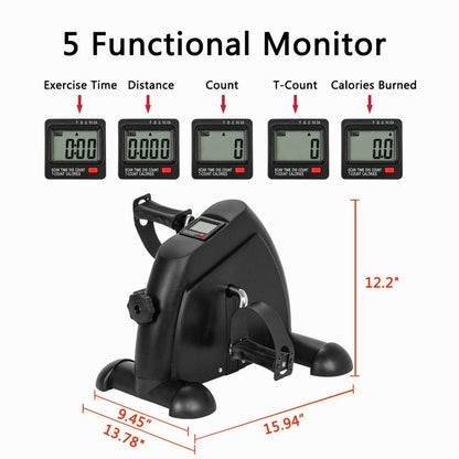 Mini LCD Indoor Cycle Pedal Exerciser with 5 functional monitors displaying time, distance, count, T-count, and calories burned.