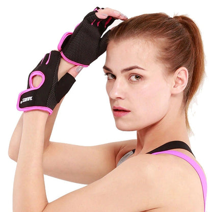 Anti-Slip Half Finger Gym Gloves worn by a woman showcasing grip and comfort during a workout.