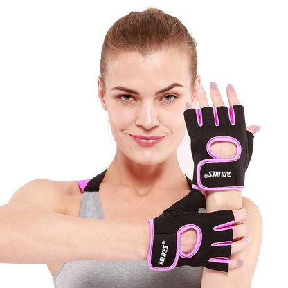 Anti-Slip Half Finger Gym Gloves displayed by a model, showcasing grip and comfort for workouts.