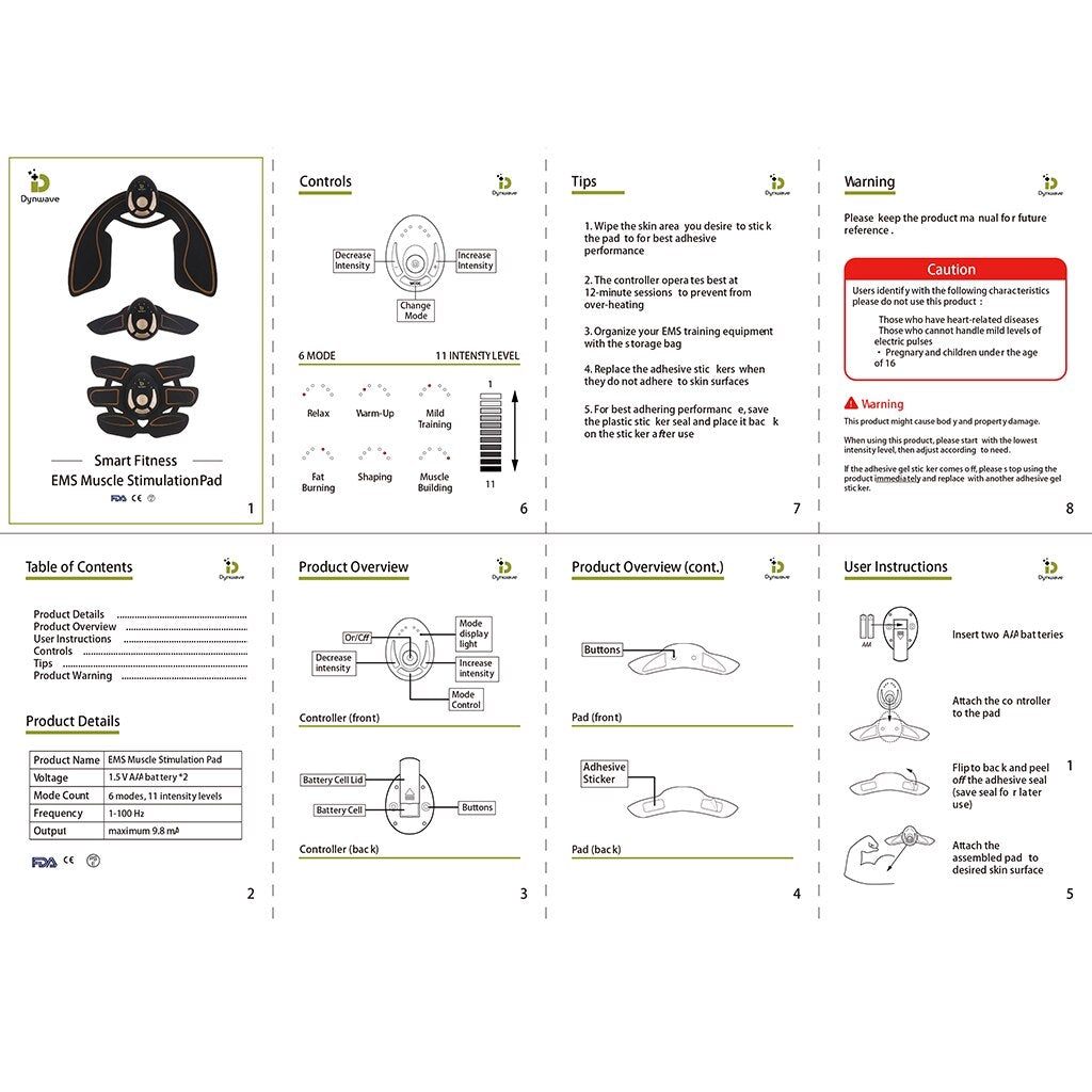 Instructions for EMS Abdominal Muscle Stimulator showing control settings and user guidelines.