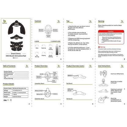 Instructions for EMS Abdominal Muscle Stimulator showing control settings and user guidelines.