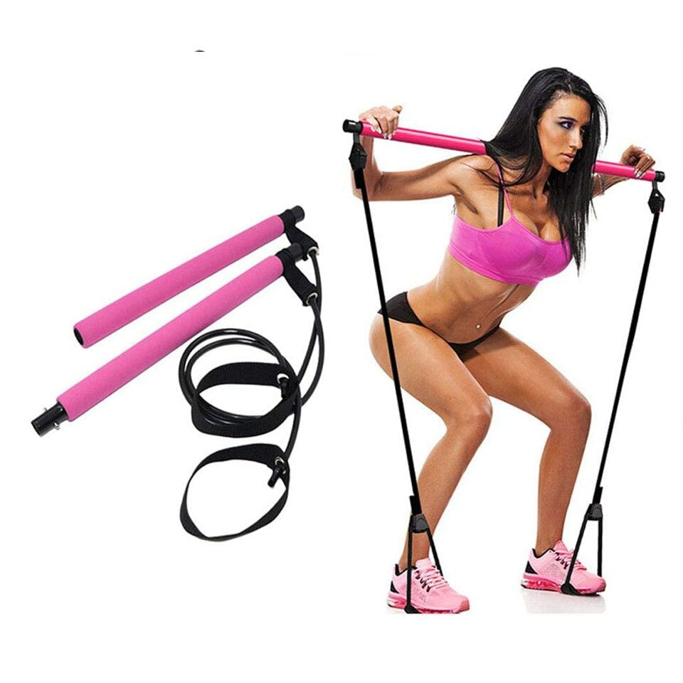 Pilates Squat Resistance Bar with Bands demonstrating a full-body workout for home fitness.
