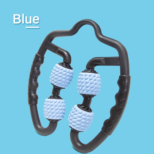 U-Shape 360 degree massage roller in blue for full body muscle relief and relaxation.
