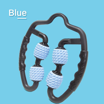 U-Shape 360 degree massage roller in blue for full body muscle relief and relaxation.