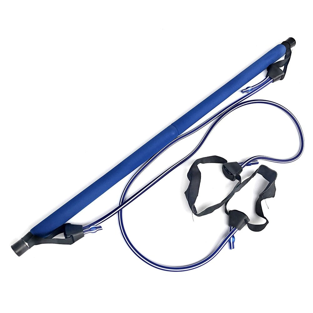 Pilates Squat Resistance Bar with Bands featuring a blue bar and attached resistance bands for home workouts.