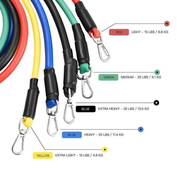 11-Piece Resistance Band Workout Set with color-coded bands for various resistance levels.