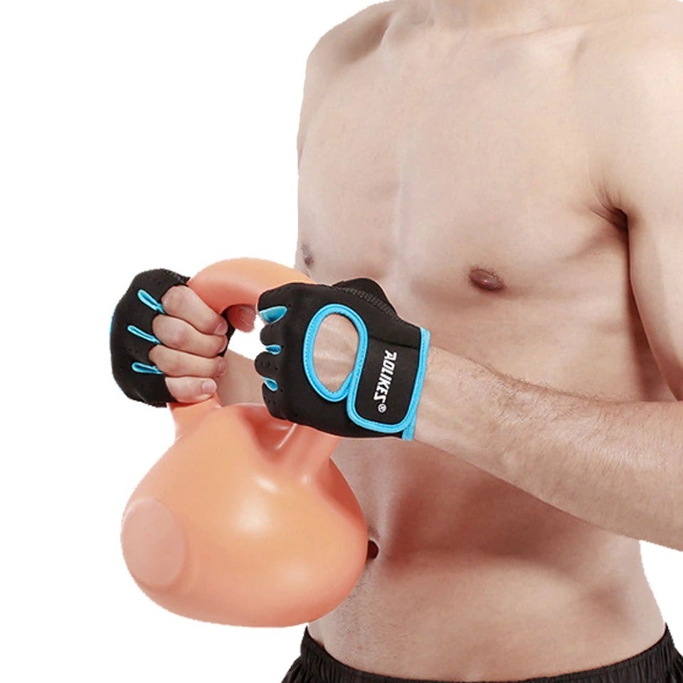 Anti-Slip Half Finger Gym Gloves worn by a person lifting a kettlebell for fitness training.