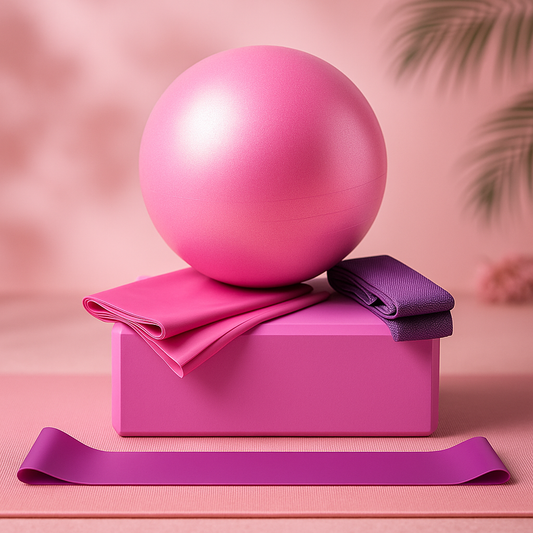 5-Piece Yoga Ball & Block Set featuring a pink yoga ball, blocks, and resistance bands.