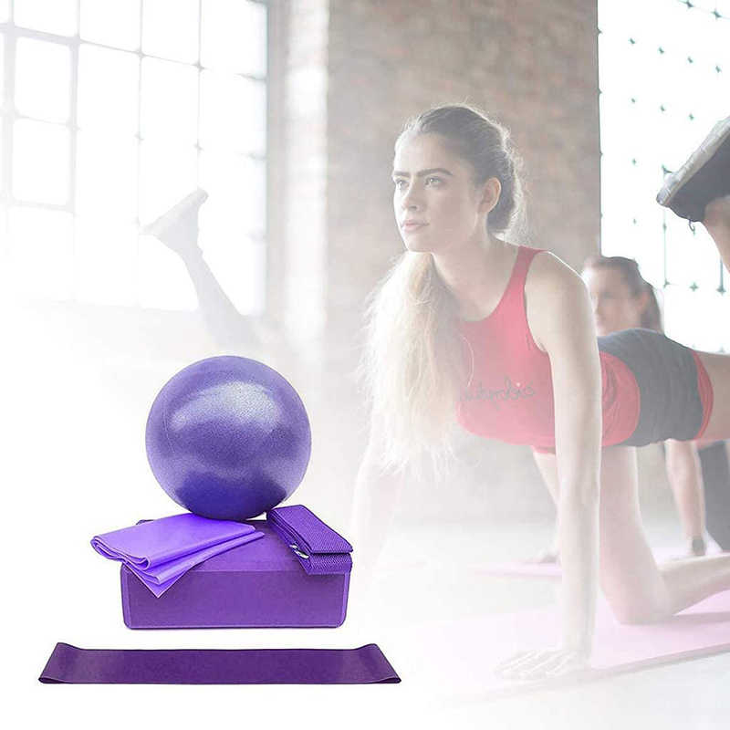 5-Piece Yoga Ball & Block Set featuring a purple yoga ball, block, and accessories, ideal for yoga and Pilates practice.