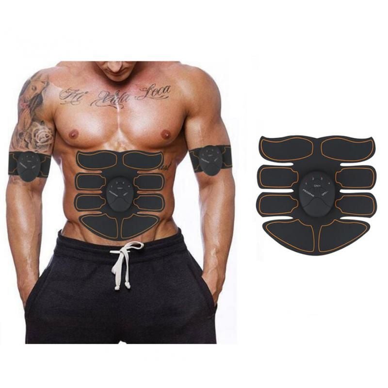 Man using EMS Abdominal Muscle Stimulator for abs toning and strengthening while showcasing an athletic physique.