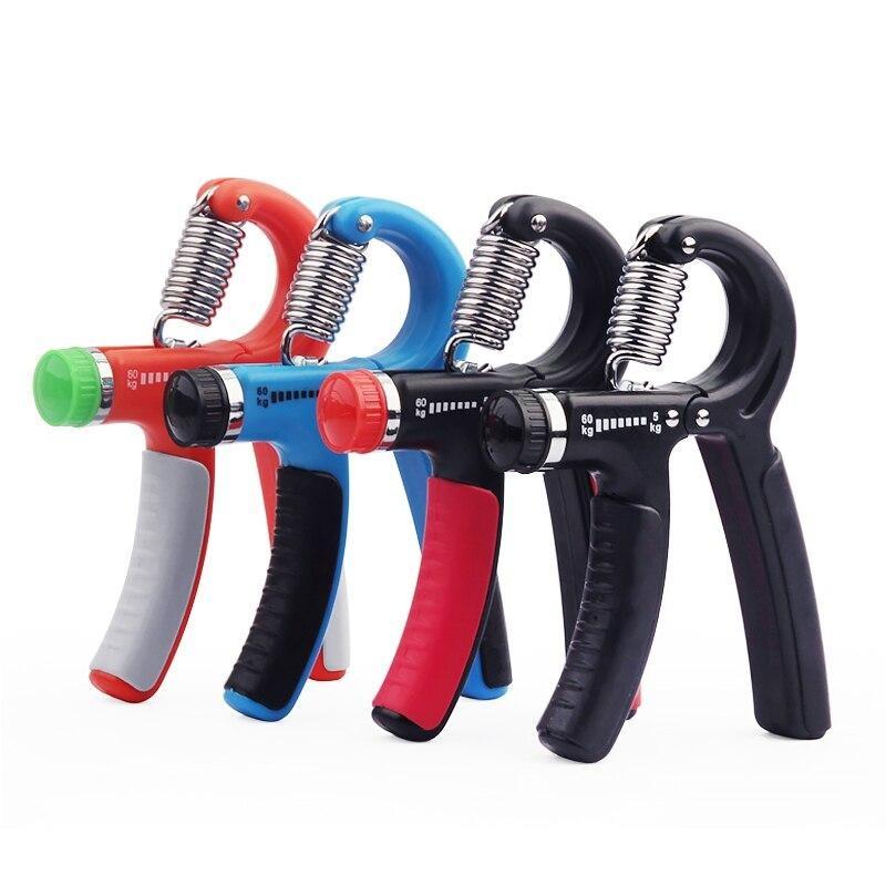 Adjustable Hand Gripper Tool in red, blue, and black for grip strength training and rehabilitation.