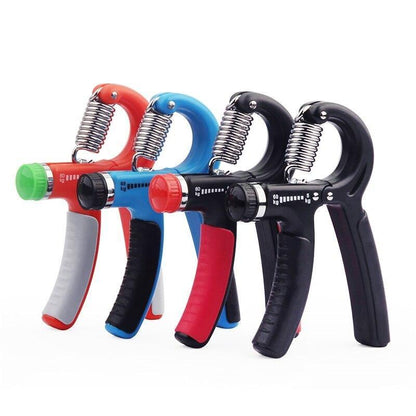 Adjustable Hand Gripper Tool in red, blue, and black for grip strength training and rehabilitation.