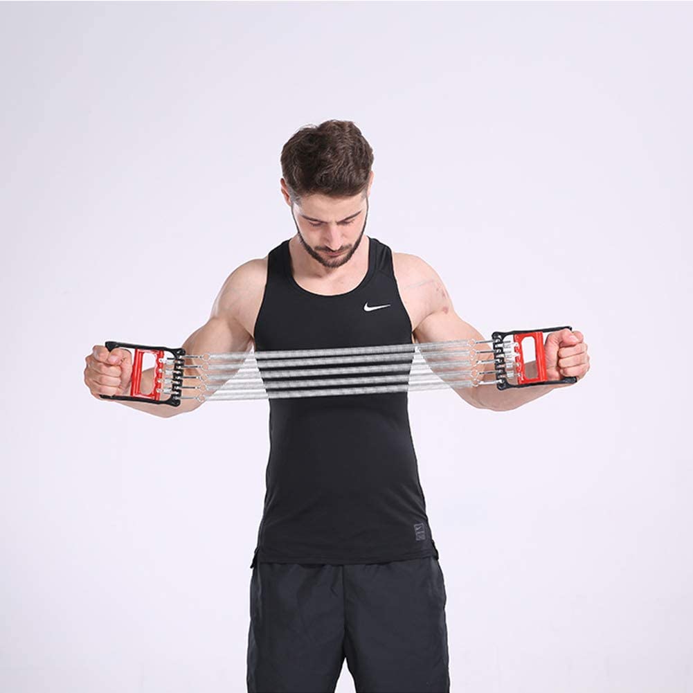 Man using adjustable chest expander resistance band for strength training at home.