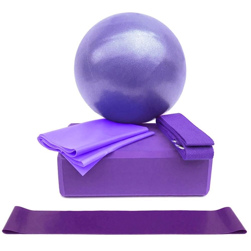 5-Piece Yoga Ball & Block Set including a purple yoga ball, blocks, straps, and resistance band.
