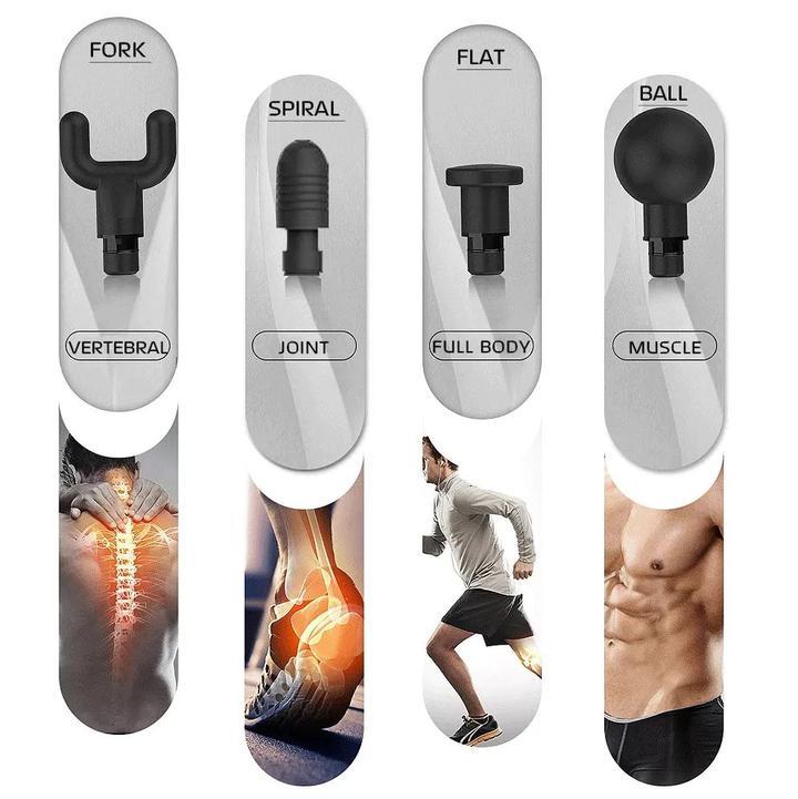 Different massage gun attachments for Power Pulse Massage Gun: Fork, Spiral, Flat, Ball, Vertebral, Joint, Full Body, Muscle.