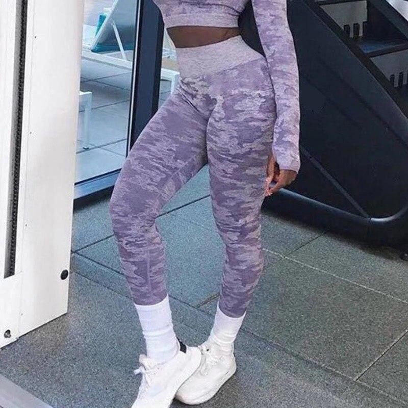 High waist fitness leggings in purple camouflage design, ideal for workouts and stylish comfort.