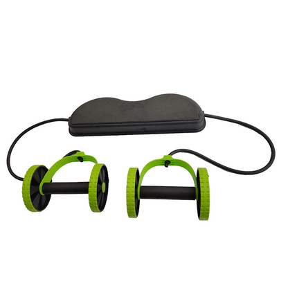 Ab roller wheel workout for core and full body exercises with resistance bands and padded cushion.