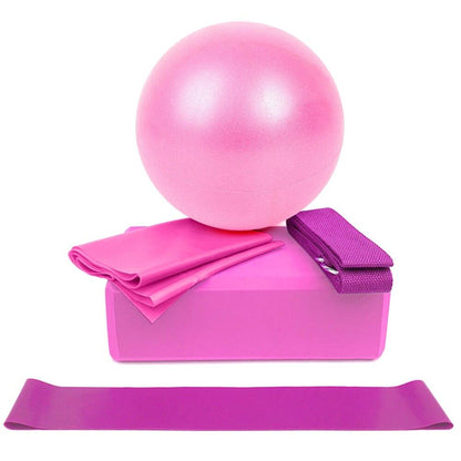 5-Piece Yoga Ball & Block Set with pink exercise ball, mat, block, and stretch band for yoga and Pilates.