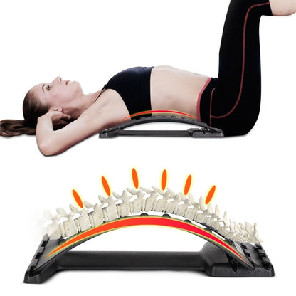 Woman using Back Pain Relief Massage Stretcher for spinal support and improved posture.