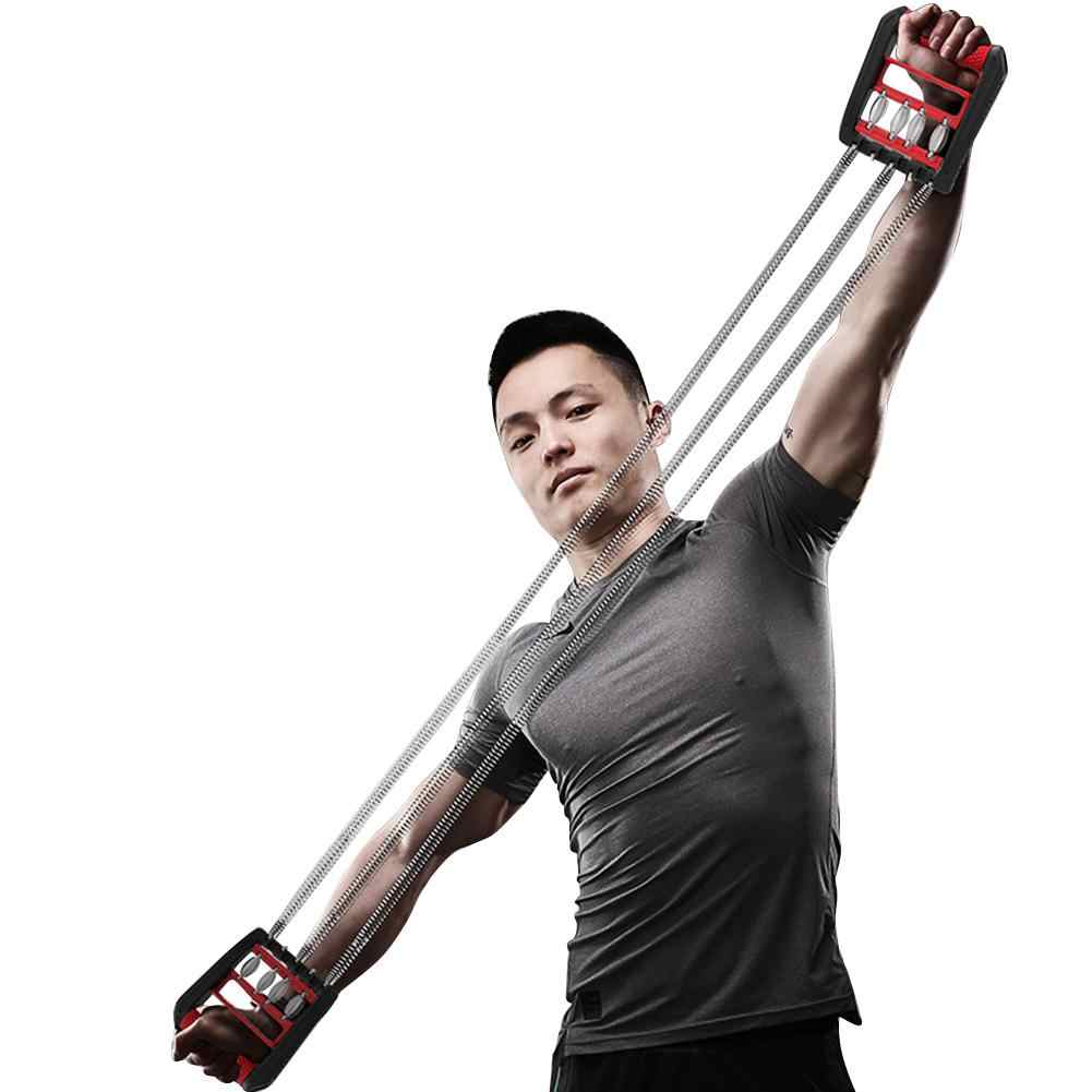 Man using an adjustable chest expander resistance band for strength training and exercise.