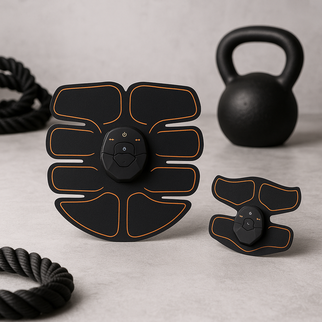 EMS Abdominal Muscle Stimulator devices on a neutral background with workout gear.