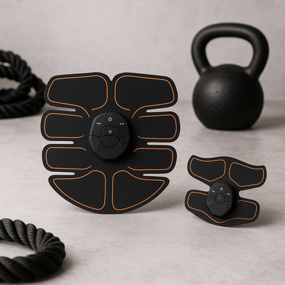 EMS Abdominal Muscle Stimulator devices on a neutral background with workout gear.