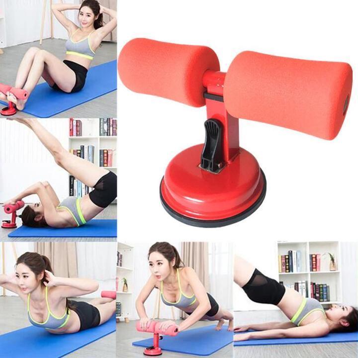 Sit-Up Suction Bar for Core Training with a user demonstrating exercises on a workout mat.