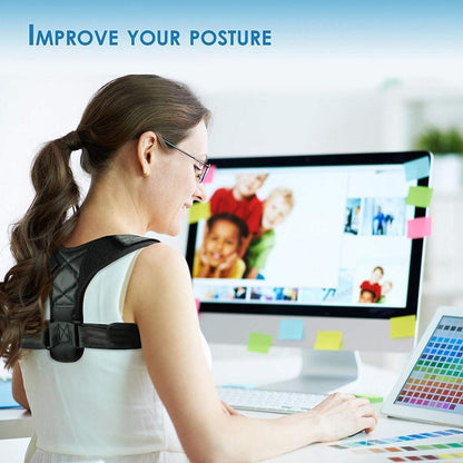 Adjustable Back Posture Corrector Belt worn by a woman at a desk, promoting better posture while working.