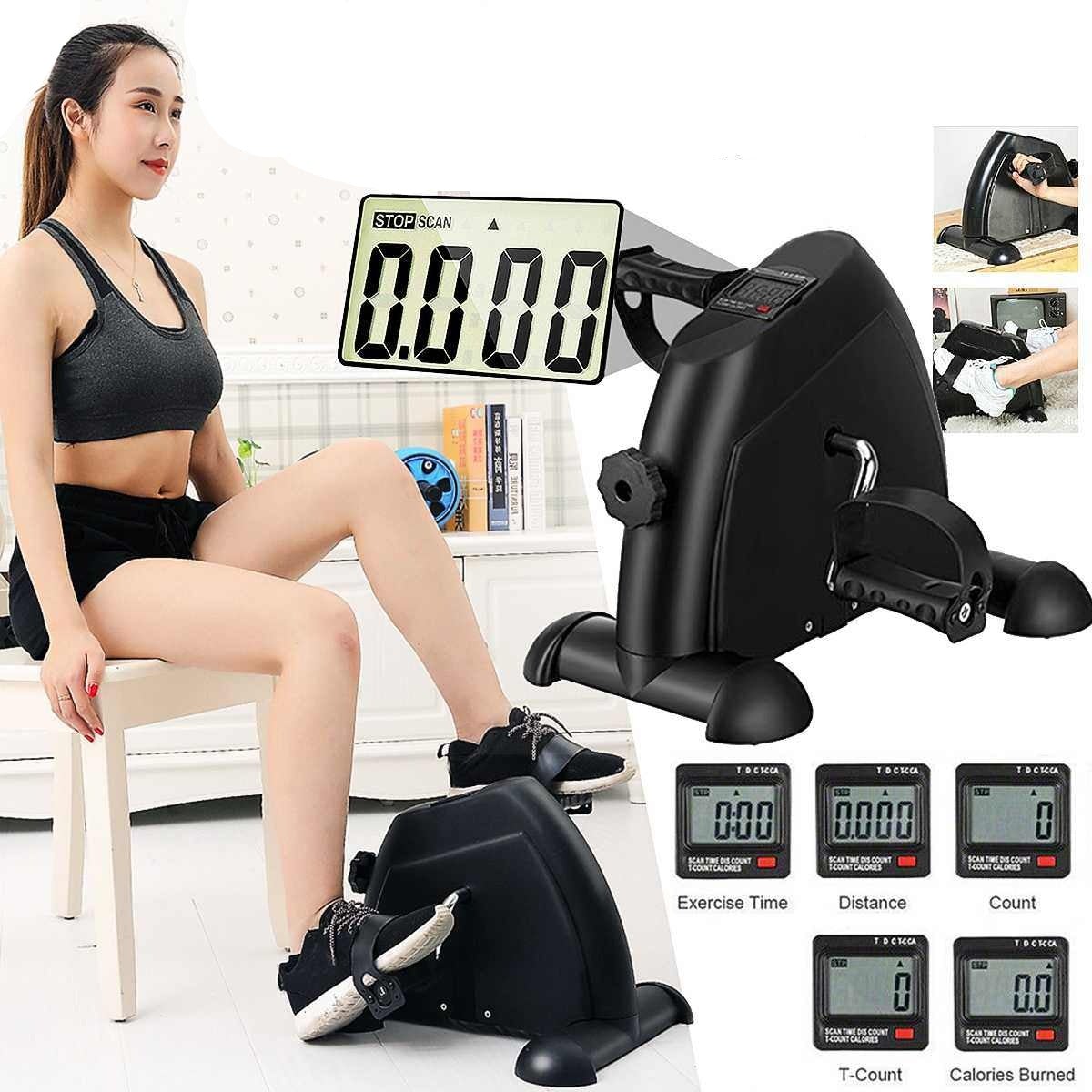 Woman using Mini LCD Indoor Cycle Pedal Exerciser for a low-impact workout, showcasing the LCD display and pedal features.