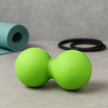 Peanut massage ball for muscle relief on a smooth surface with fitness equipment in the background.