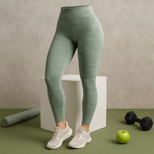 High waist fitness leggings in green worn by a woman, ideal for workout sessions and everyday comfort.