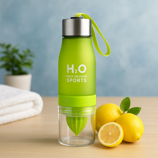 H²O Fruit Infuser Water Bottle in bright green with lemon, perfect for enjoying flavored water during activities.