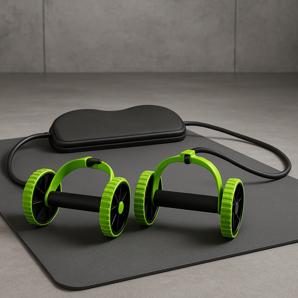 Ab roller wheel workout equipment for effective core and full body training on a fitness mat.