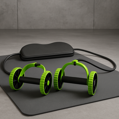 Ab roller wheel workout equipment for effective core and full body training on a fitness mat.