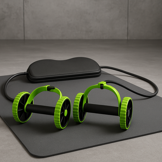 Ab roller wheel workout equipment for effective core and full body training on a fitness mat.
