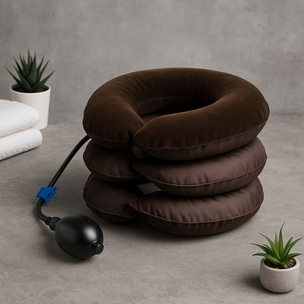 Neck Stretcher Air Traction Pillow for neck pain relief with a pump and soft padding, ideal for relaxation at home.