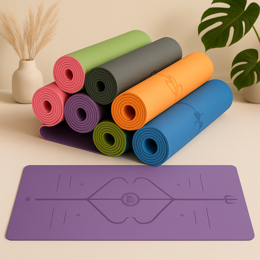 Non-Slip Yoga Mat with Alignment Lines in various colors rolled up, showcasing the purple mat with alignment markings.