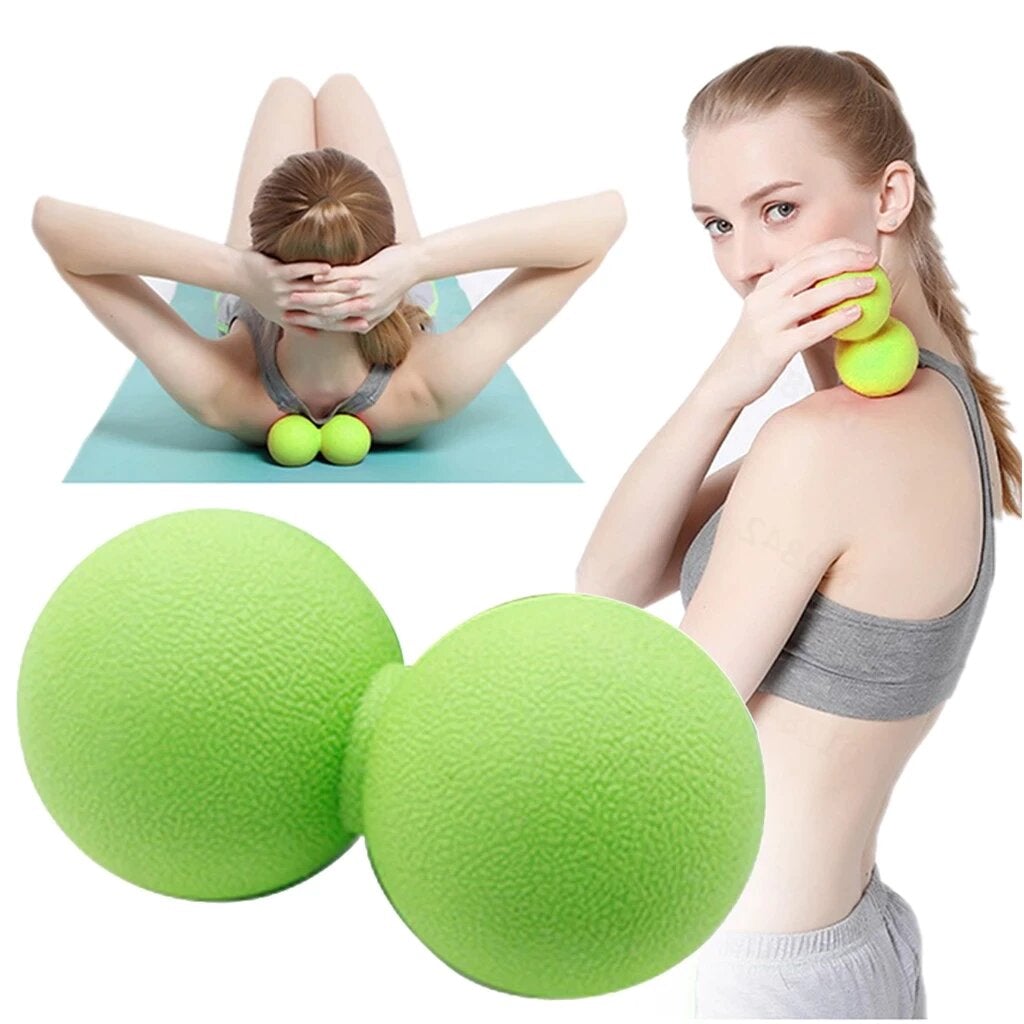 Peanut massage ball for muscle relief shown in use for deep muscle relaxation and recovery by two individuals.
