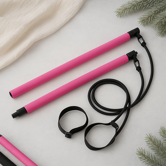 Pilates Squat Resistance Bar with Bands in pink with resistance bands and accessories for full-body workouts.