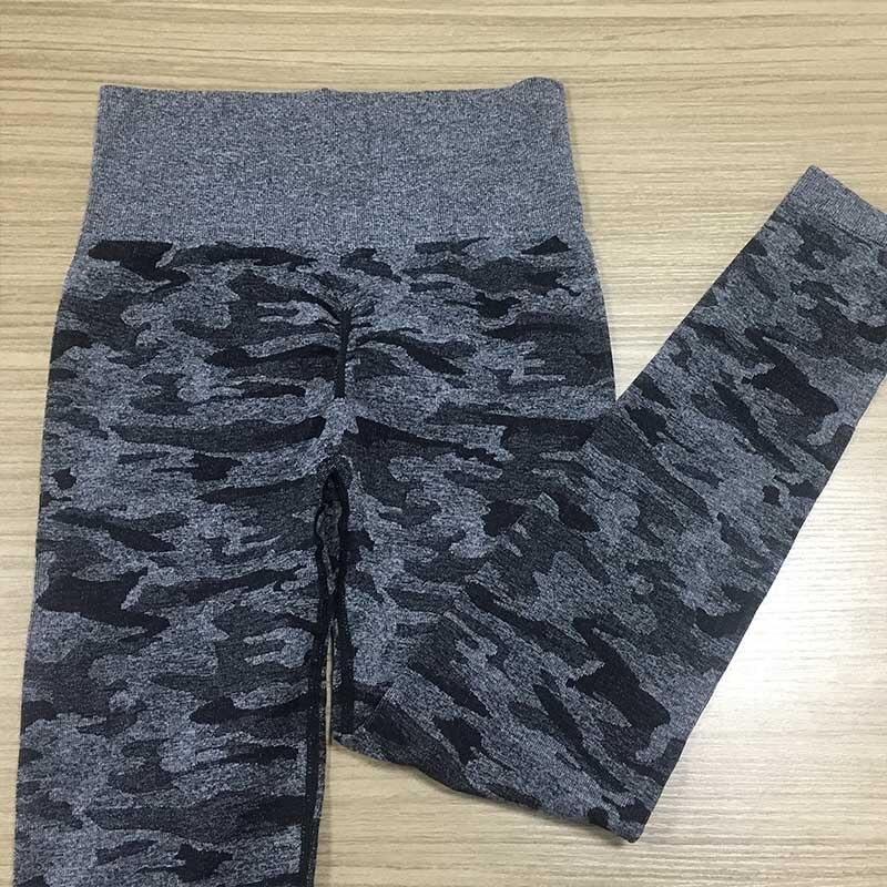 High waist fitness leggings in gray camouflage pattern, designed for comfort and style during workouts.