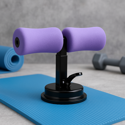 Sit-Up Suction Bar for Core Training on a workout mat with weights in the background.