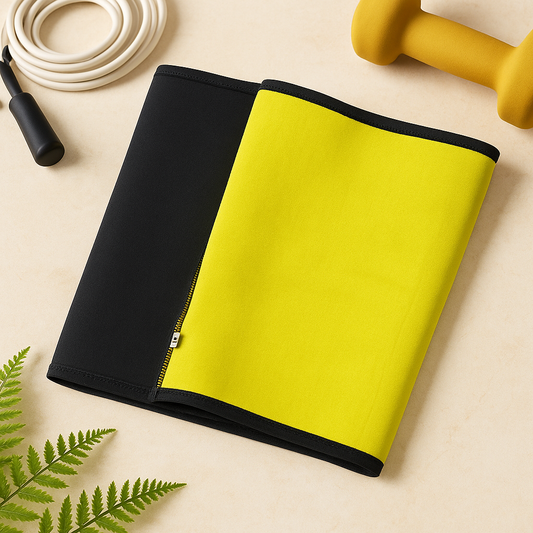 Slimming Arm Compression Sleeves in black and yellow color on a light background with workout equipment.